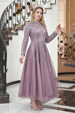 Anna Midi Taşlı Tesettür Abiye Lila - FioraofDress - tesettur - abiye - 44 - hijab - evening - dress