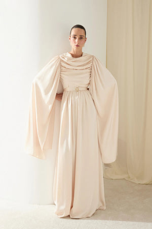 Evelyn Kol Pelerinli Saten Tesettür Elbise - FioraofDress - tesettur - abiye - BEJ - 36 - hijab - evening - dress