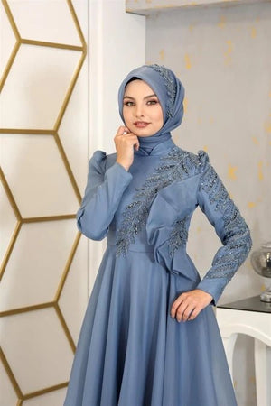 Flower Abiye - FioraofDress - tesettur - abiye - 38 - MAVİ - hijab - evening - dress