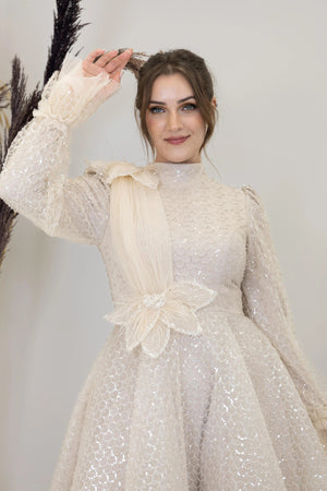 Omuz Ve Beli Çiçek Detaylı Adel Tesettür Abiye - FioraofDress - tesettur - abiye - bejj - 54 - hijab - evening - dress