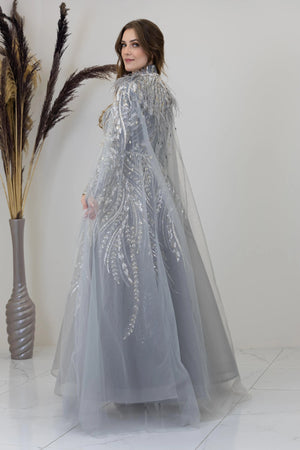 Önü Aplik İşleme Pelerinli Kayra Tesettür Abiye - FioraofDress - tesettur - abiye - GRİ - 38 - hijab - evening - dress