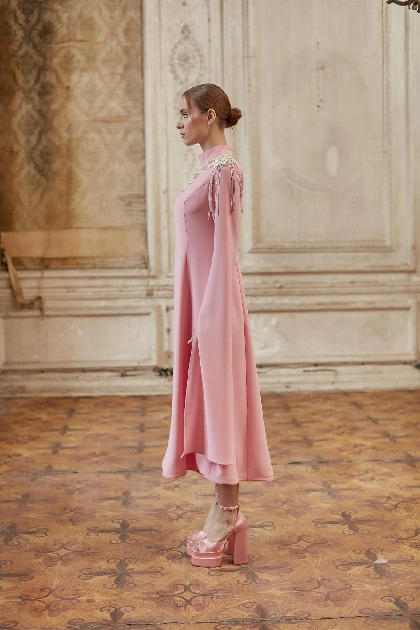 Pembe Pelerin Kol Tesettür Elbise - FioraofDress - tesettur - abiye - 44 - hijab - evening - dress