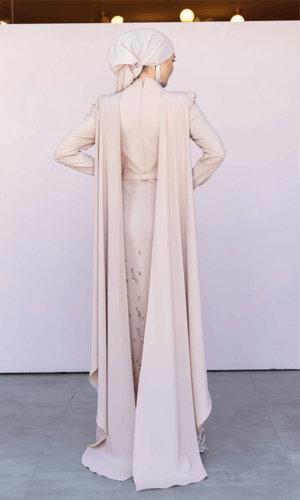 Şallı Degaje Yaka Tesettür Abiye - FioraofDress - tesettur - abiye - 44 - bejj - hijab - evening - dress