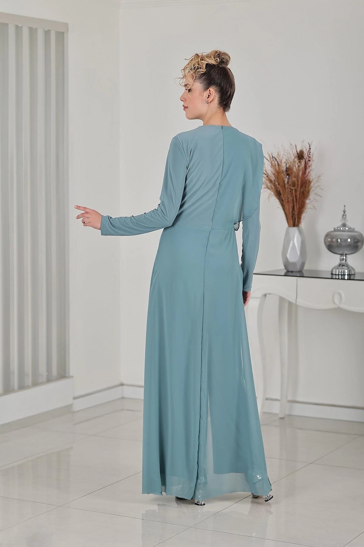 Taş Detay Şifon Zeren Tesettür Tulum Mint - FioraofDress - tesettur - abiye - 48 - hijab - evening - dress