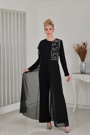 Taş Detay Şifon Zeren Tesettür Tulum Siyah - FioraofDress - tesettur - abiye - 48 - hijab - evening - dress