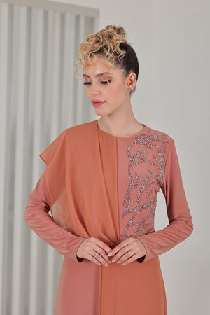 Taş Detay Şifon Zeren Tesettür Tulum Soğan Kabuğu - FioraofDress - tesettur - abiye - 48 - hijab - evening - dress