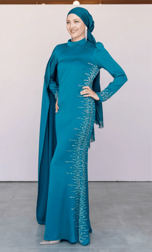 Tek Omuz Pelerinli Tesettür Abiye - FioraofDress - tesettur - abiye - 46 - PETROL - hijab - evening - dress