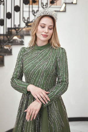 Anna Midi Taşlı Tesettür Abiye Haki - FioraofDress - tesettur - abiye - 44 - hijab - evening - dress