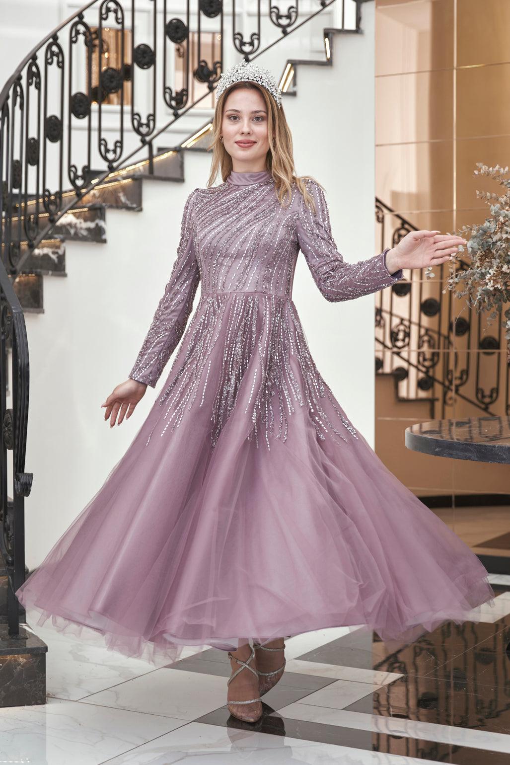 Anna Midi Taşlı Tesettür Abiye Lila - FioraofDress - tesettur - abiye - 44 - hijab - evening - dress