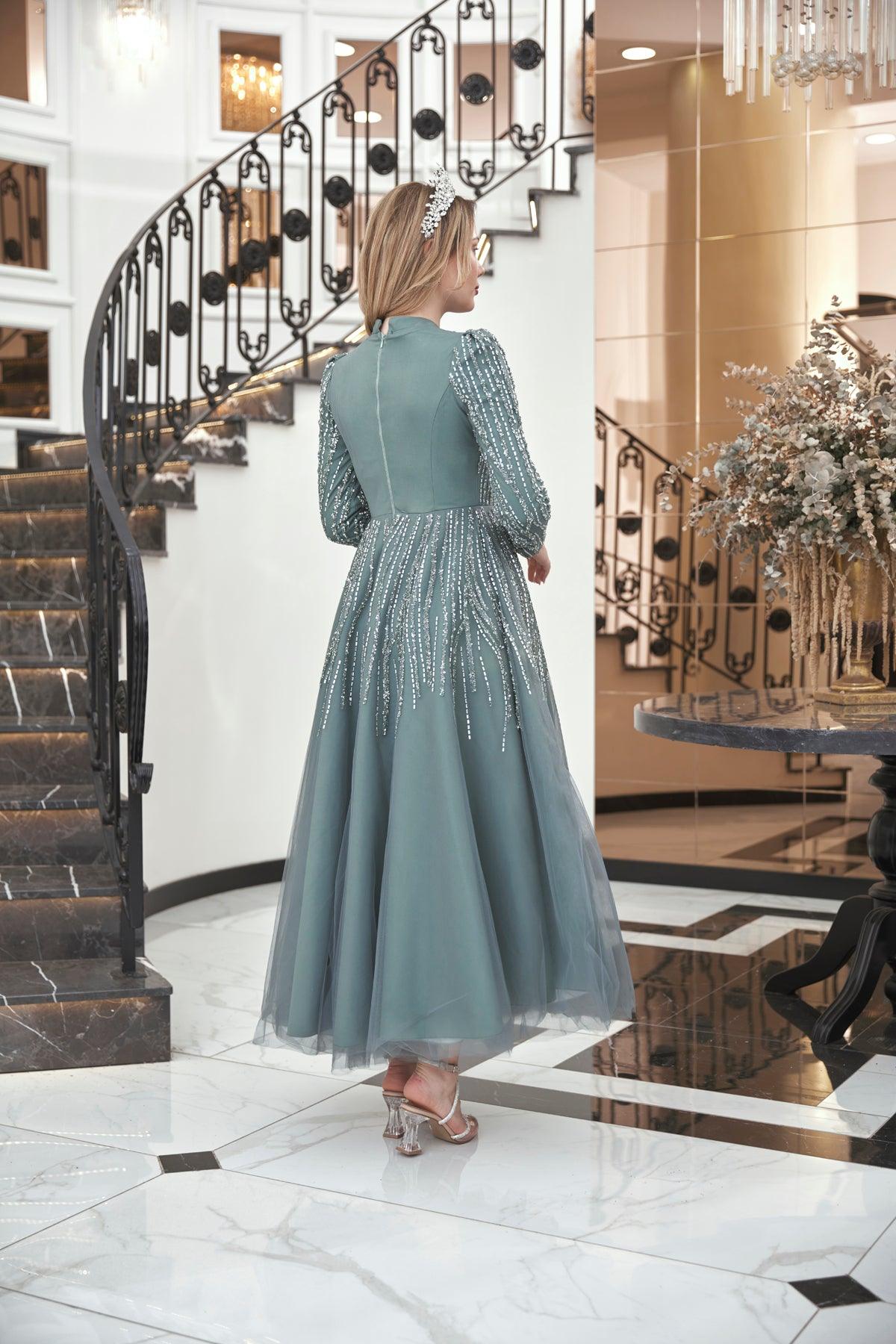 Anna Midi Taşlı Tesettür Abiye Mint - FioraofDress - tesettur - abiye - 44 - hijab - evening - dress