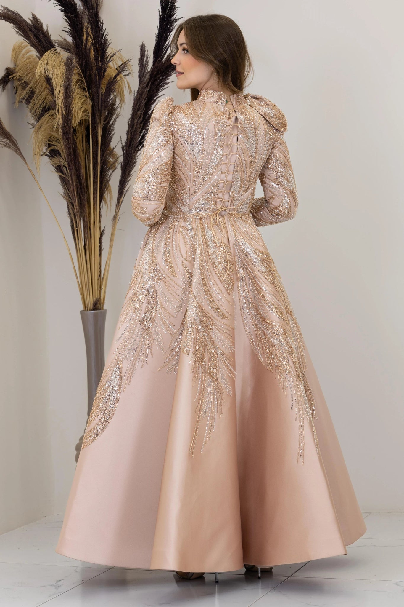Çiçek Detaylı Larin Tesettür Abiye - FioraofDress - tesettur - abiye - GOLD - 38 - hijab - evening - dress