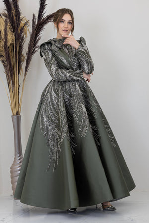Çiçek Detaylı Larin Tesettür Abiye - FioraofDress - tesettur - abiye - haki - 38 - hijab - evening - dress