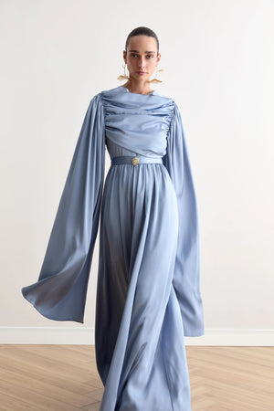 Evelyn Kol Pelerinli Saten Tesettür Elbise - FioraofDress - tesettur - abiye - Mavii - 36 - hijab - evening - dress