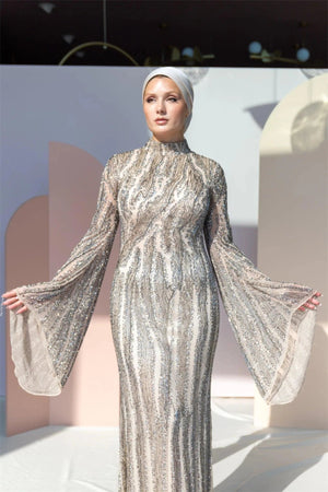 Handmade Embroidered AH1005 - FioraofDress - tesettur - abiye - 48 - GOLD - hijab - evening - dress