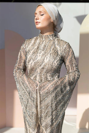 Handmade Embroidered AH1005 - FioraofDress - tesettur - abiye - 48 - GOLD - hijab - evening - dress