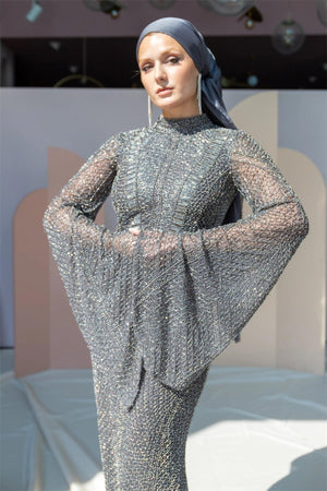 Handmade Embroidered AH1011 - FioraofDress - tesettur - abiye - 48 - gri - hijab - evening - dress