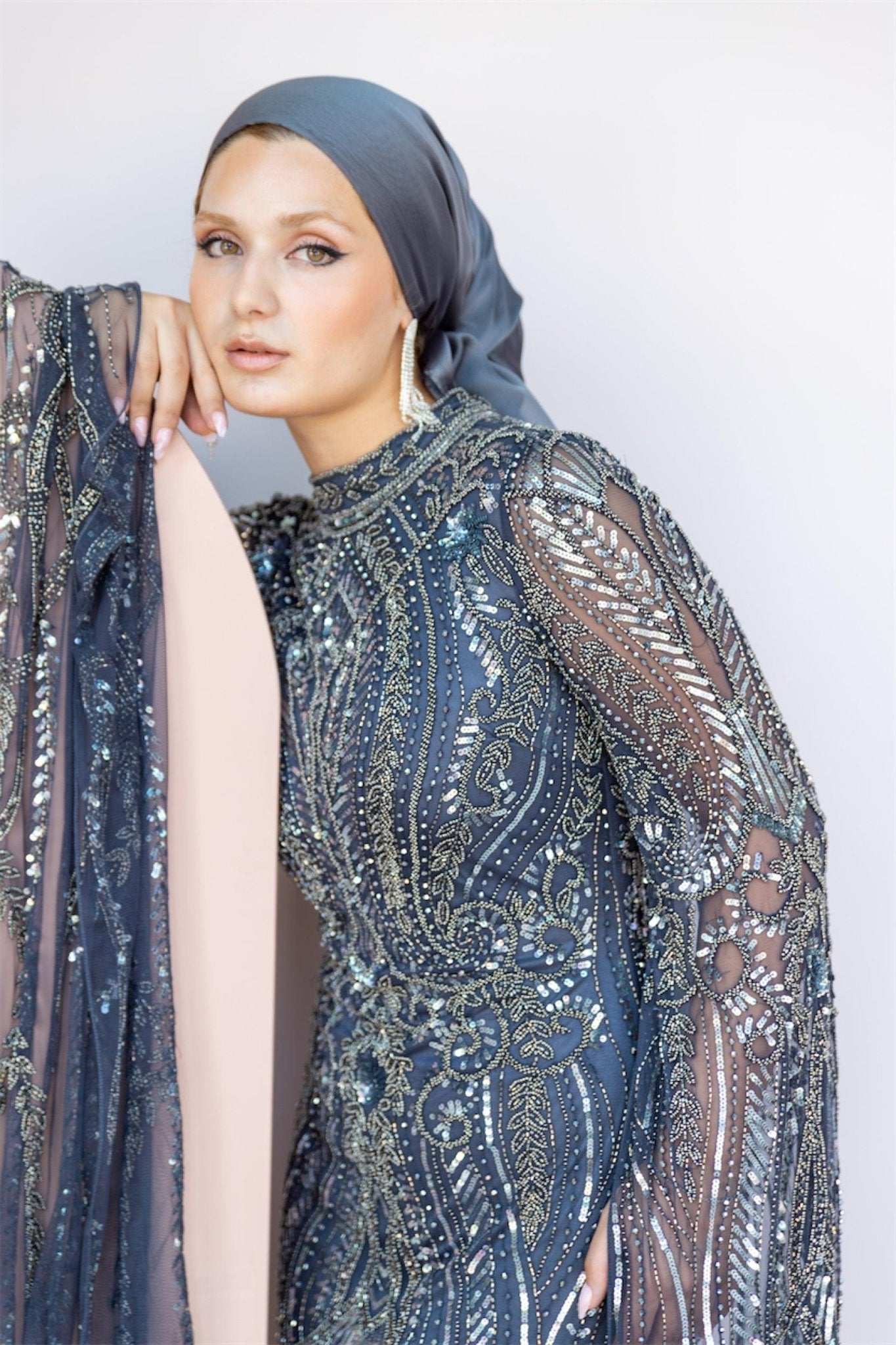 Handmade Embroidered AH1022 - FioraofDress - tesettur - abiye - 48 - antrasitt - hijab - evening - dress