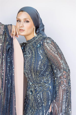Handmade Embroidered AH1022 - FioraofDress - tesettur - abiye - 48 - antrasitt - hijab - evening - dress