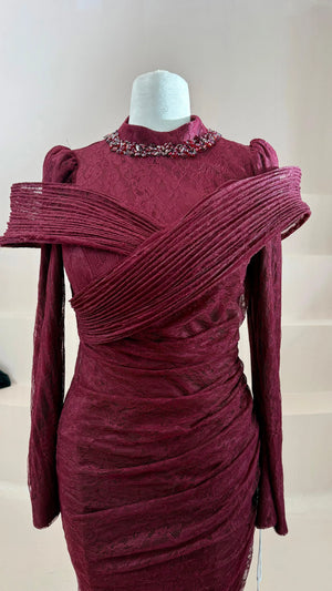 Charm Dantelli Tesettür Abiye - Bordo