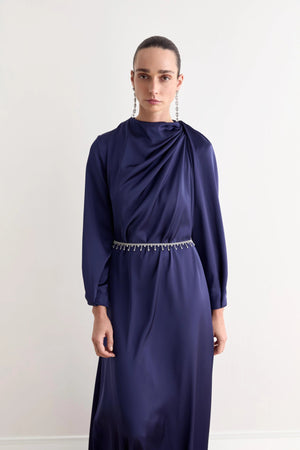 Juan Pileli Kemerli Saten Tesettür Elbise - FioraofDress - tesettur - abiye - lacivert - 36 - hijab - evening - dress