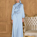 Juan Pileli Kemerli Saten Tesettür Elbise - FioraofDress - tesettur - abiye - Mavii - 36 - hijab - evening - dress