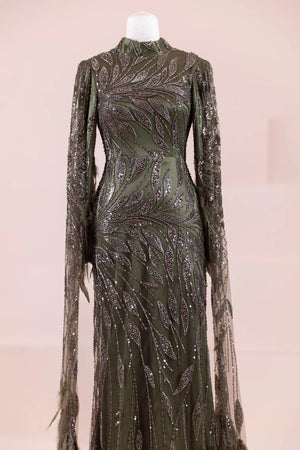 Kol Pelerin Tesettür Abiye - FioraofDress - tesettur - abiye - Yağ Yeşili - 38 - hijab - evening - dress