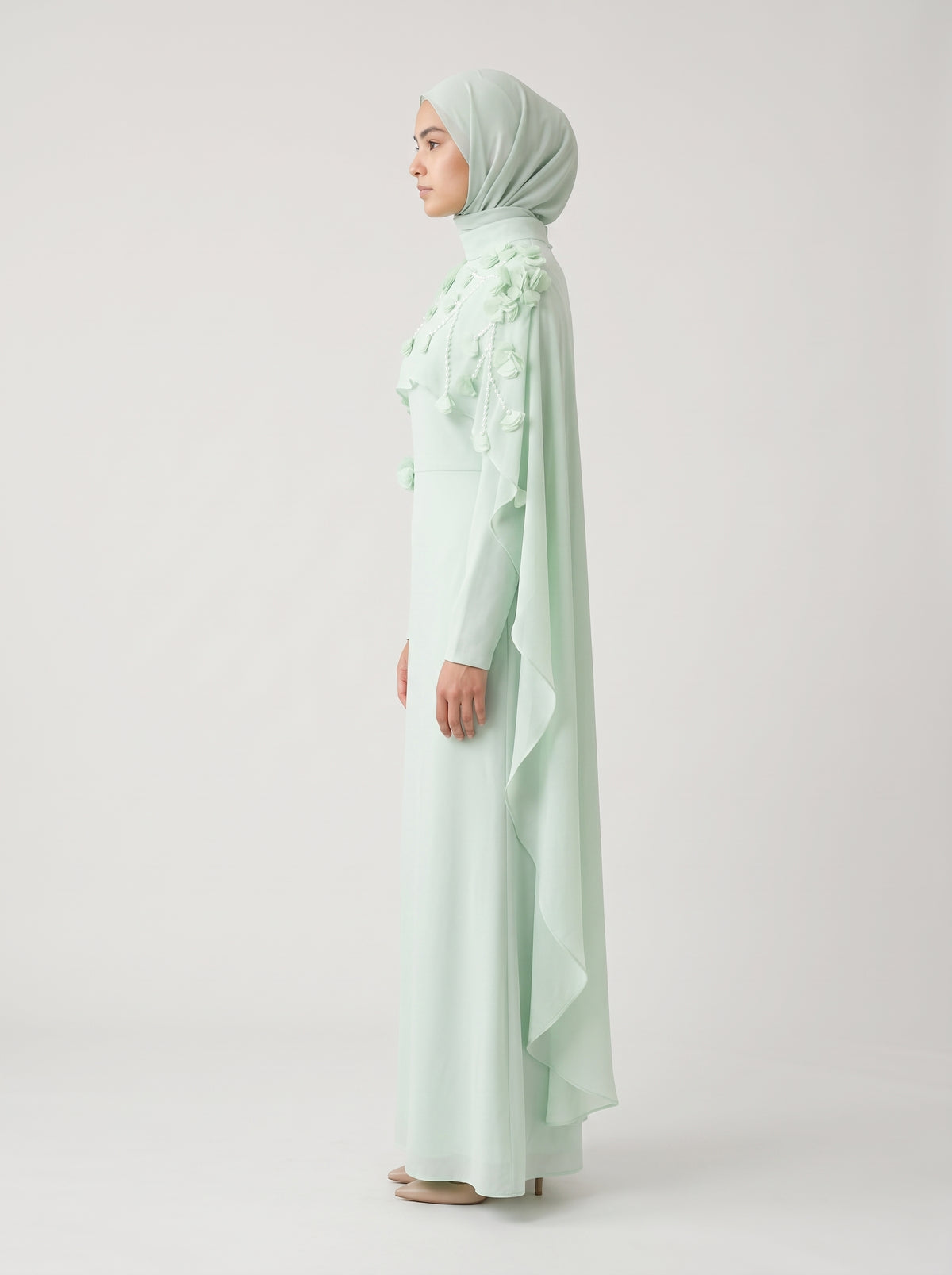 Hijab Evening Dress — On Model - Side Profile | Generated by Modelize
