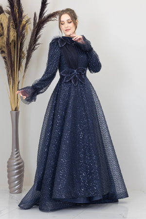 Omuz Ve Beli Çiçek Detaylı Adel Tesettür Abiye - FioraofDress - tesettur - abiye - LACİVERT - 38 - hijab - evening - dress