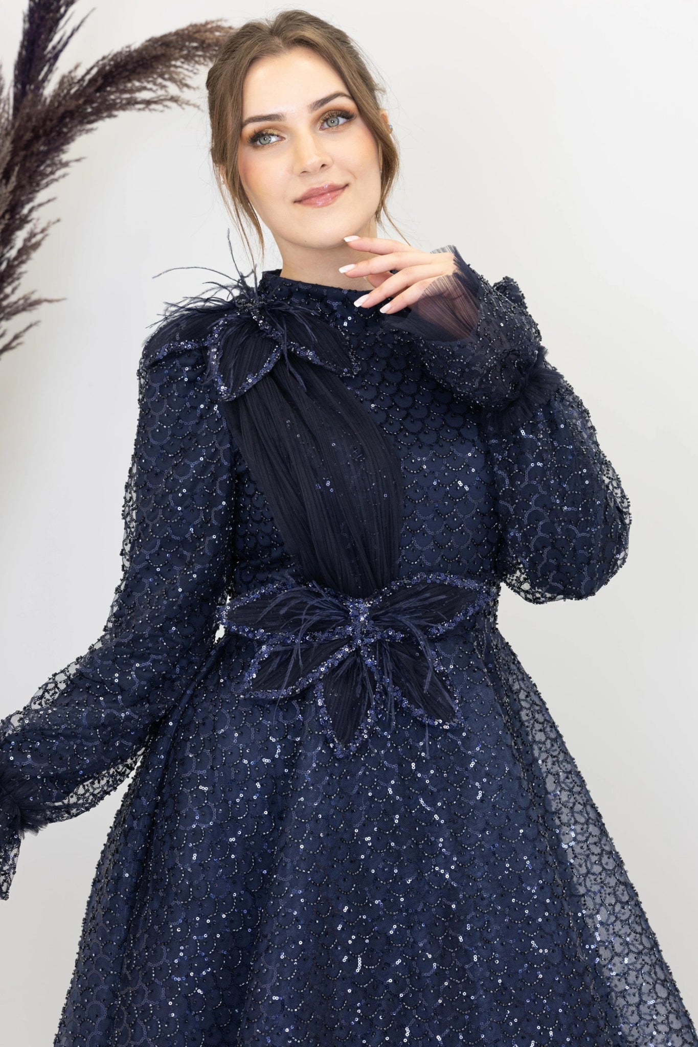 Omuz Ve Beli Çiçek Detaylı Adel Tesettür Abiye - FioraofDress - tesettur - abiye - LACİVERT - 38 - hijab - evening - dress