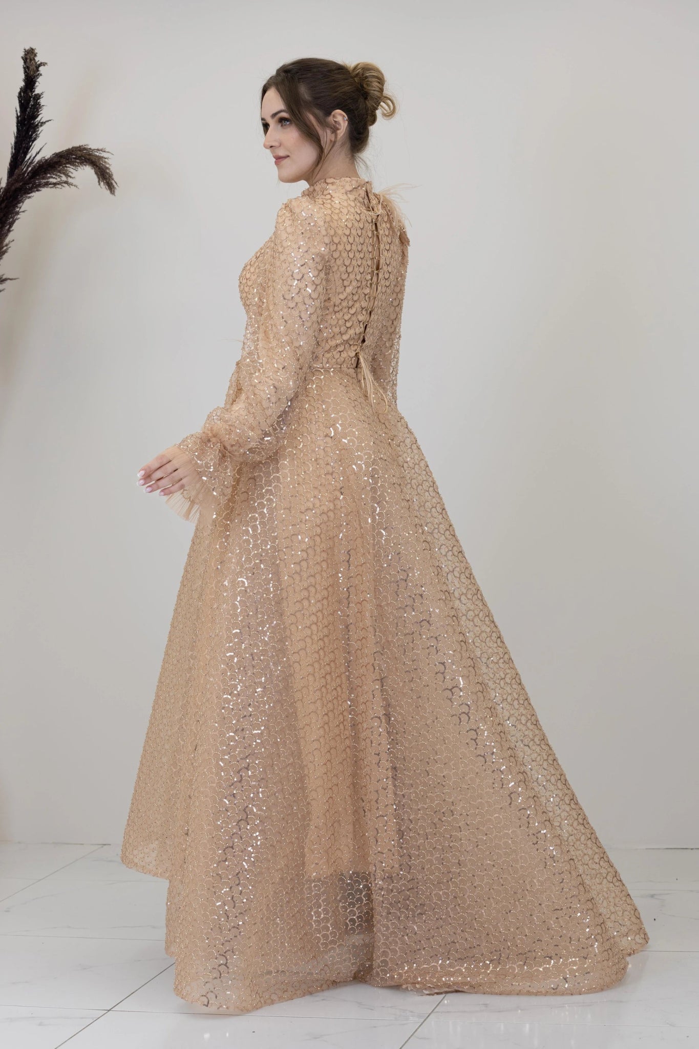 Omuz Ve Beli Çiçek Detaylı Adel Tesettür Abiye - FioraofDress - tesettur - abiye - GOLD - 52 - hijab - evening - dress