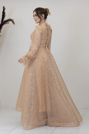 Omuz Ve Beli Çiçek Detaylı Adel Tesettür Abiye - FioraofDress - tesettur - abiye - GOLD - 52 - hijab - evening - dress