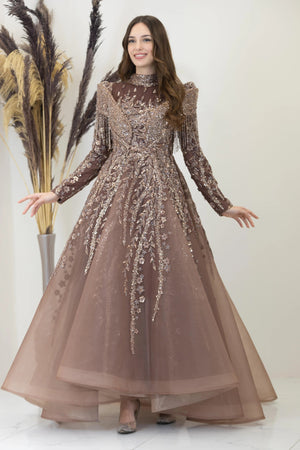 Omuzları V Drape Asel Tesettür Abiye - FioraofDress - tesettur - abiye - Bakır - 38 - hijab - evening - dress