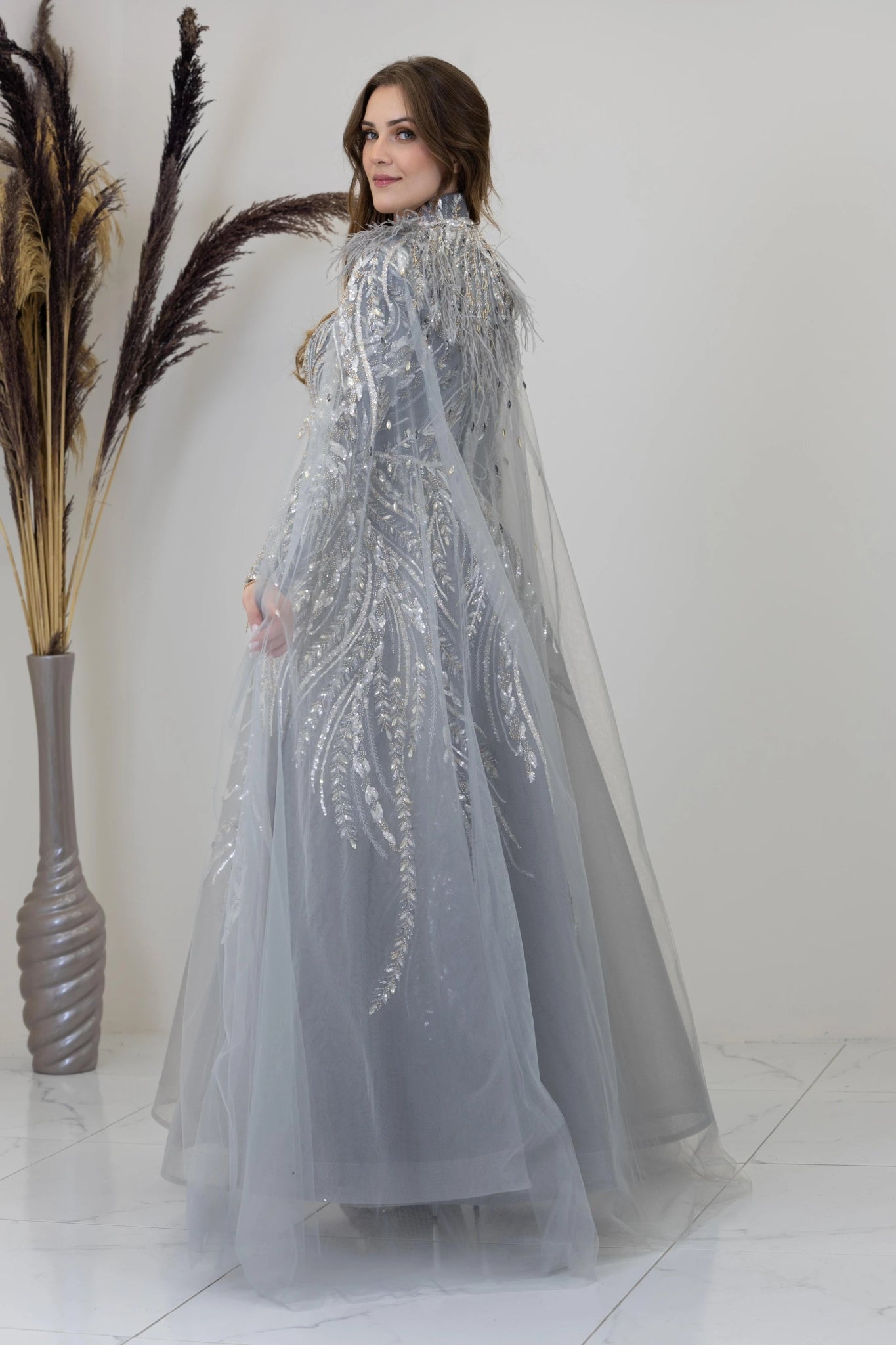 Önü Aplik İşleme Pelerinli Kayra Tesettür Abiye - FioraofDress - tesettur - abiye - GRİ - 38 - hijab - evening - dress