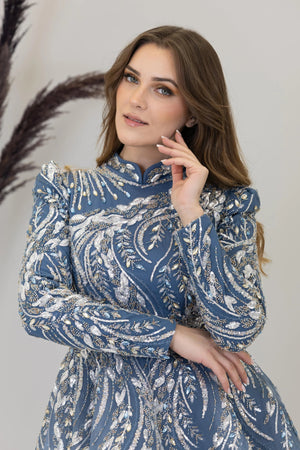 Önü Aplik İşleme Pelerinli Kayra Tesettür Abiye - FioraofDress - tesettur - abiye - indigo - 38 - hijab - evening - dress