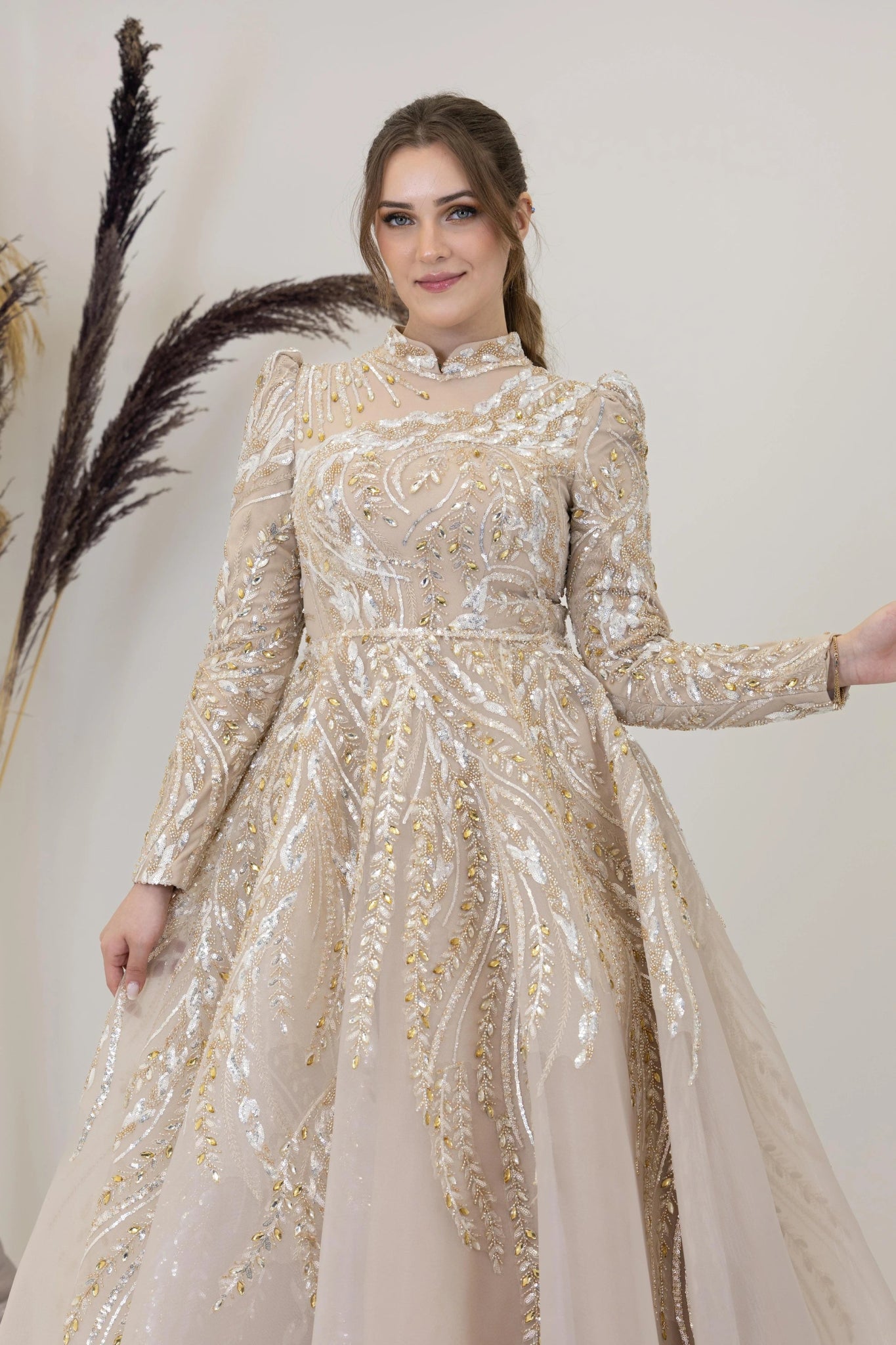 Önü Aplik İşleme Pelerinli Kayra Tesettür Abiye - FioraofDress - tesettur - abiye - GOLD - 38 - hijab - evening - dress