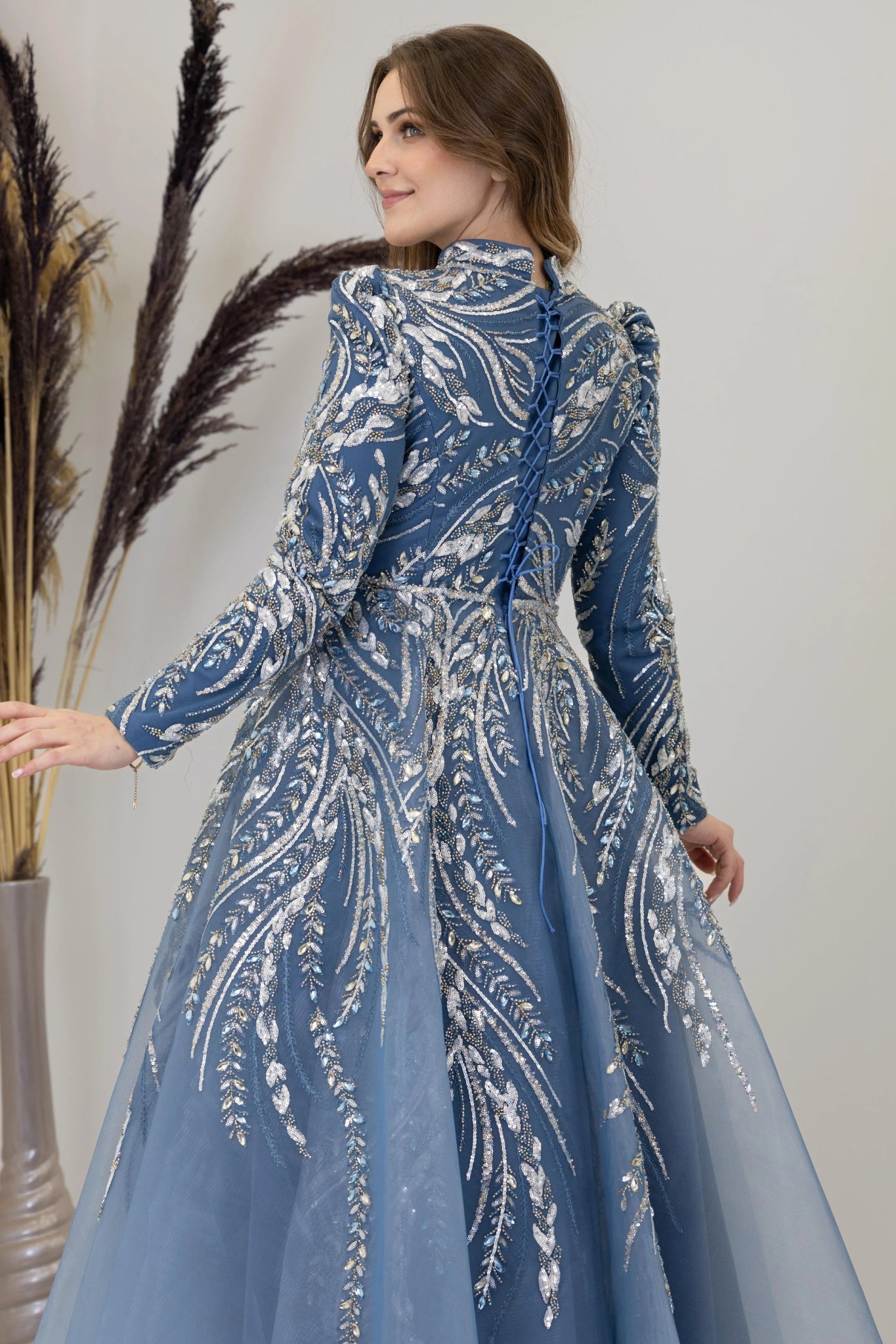 Önü Aplik İşleme Pelerinli Kayra Tesettür Abiye - FioraofDress - tesettur - abiye - indigo - 38 - hijab - evening - dress