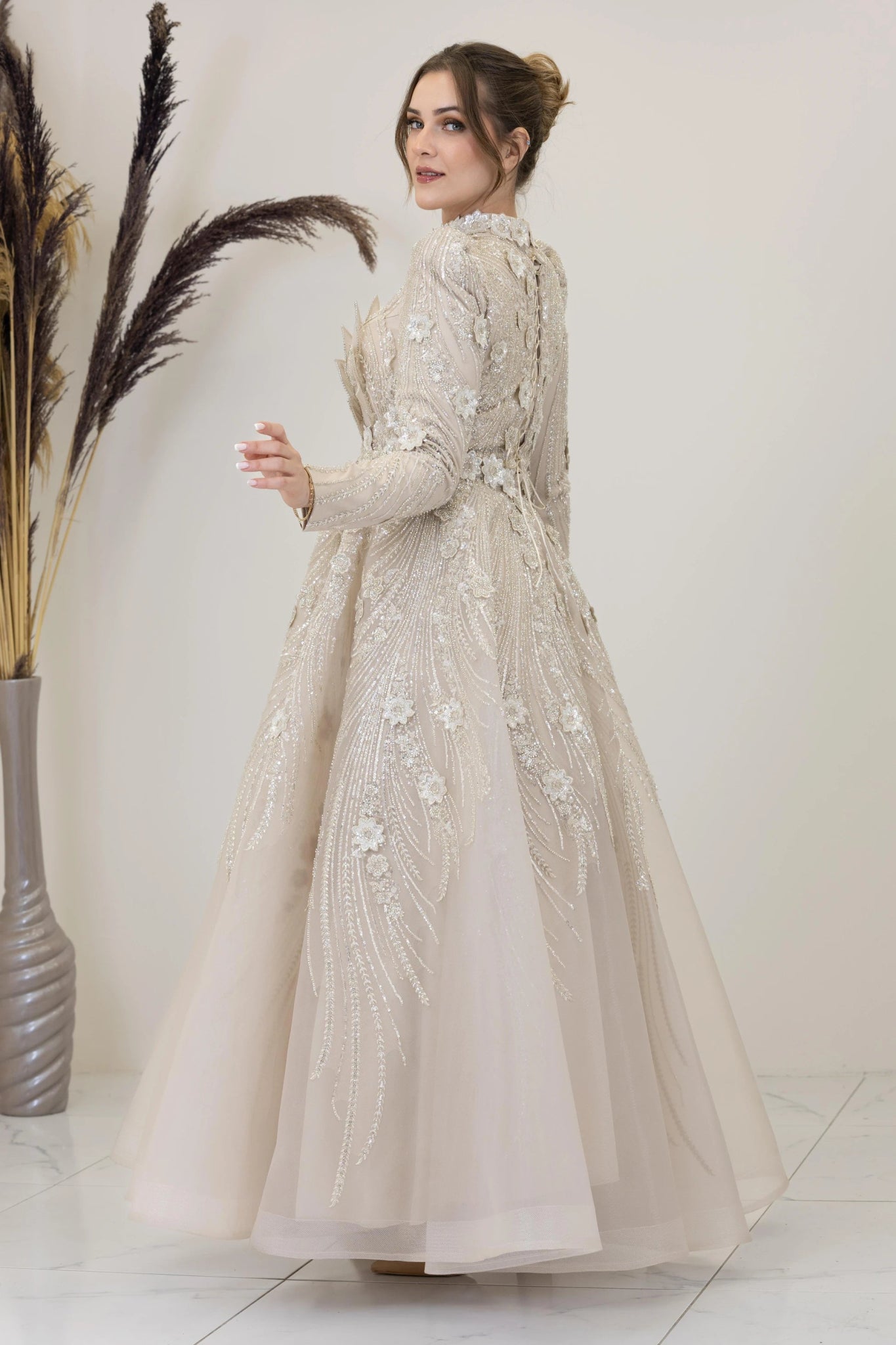 Önü Çiçek İşlemeli Lotus Tesettür Abiye - FioraofDress - tesettur - abiye - Taş - 38 - hijab - evening - dress