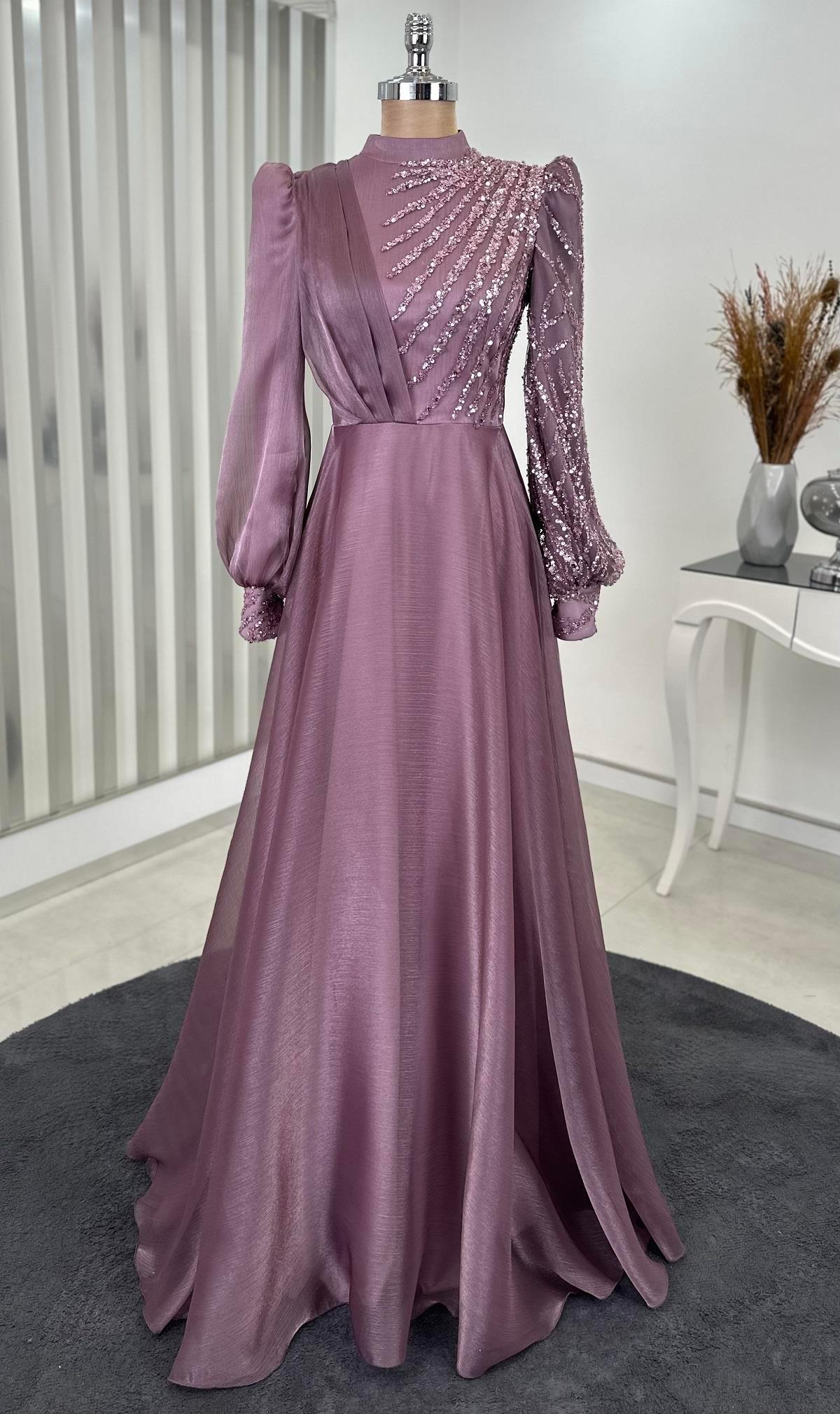Organze Boncuklu Dantel İşlemeli Güneş Tesettür Abiye Gül Kurusu - FioraofDress - tesettur - abiye - 44 - hijab - evening - dress