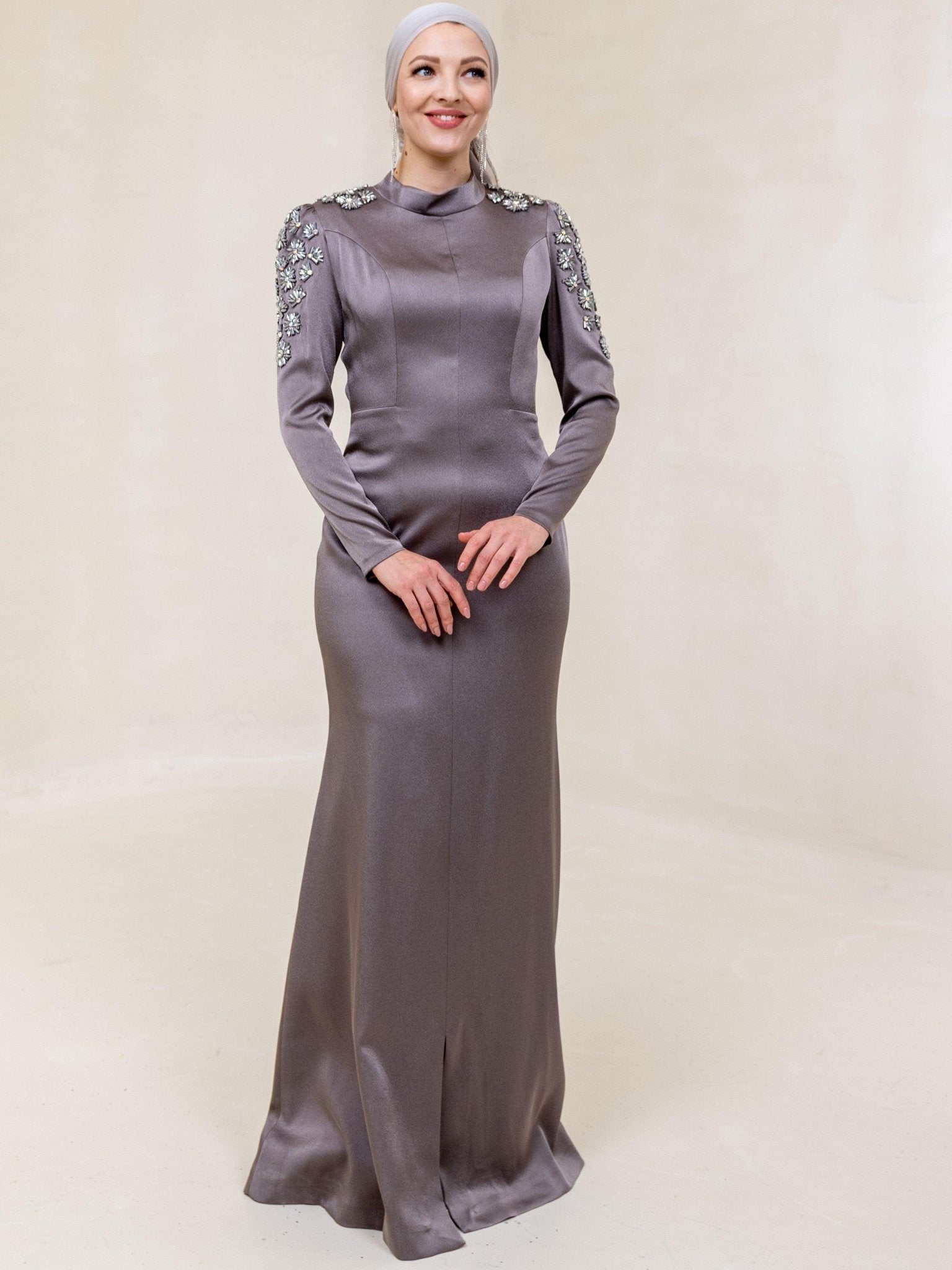 Papatya Omuz Tesettür Elbise - FioraofDress - tesettur - abiye - 44 - Morr - hijab - evening - dress