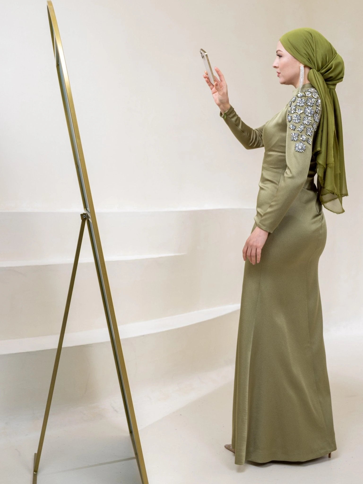 Papatya Omuz Tesettür Elbise - FioraofDress - tesettur - abiye - 44 - Yağ Yeşili - hijab - evening - dress