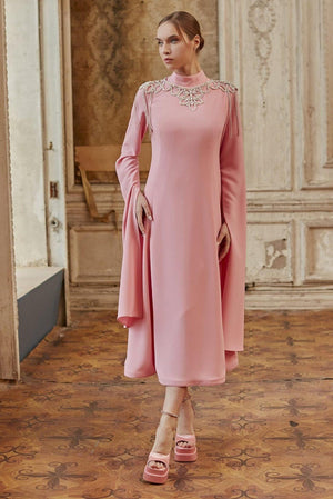 Pembe Pelerin Kol Tesettür Elbise - FioraofDress - tesettur - abiye - 44 - hijab - evening - dress