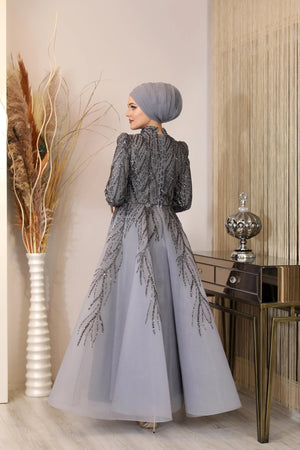 Prenses Tesettür Abiye - FioraofDress - tesettur - abiye - gri - 38 - hijab - evening - dress