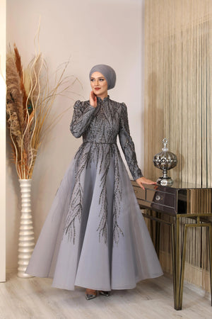 Prenses Tesettür Abiye - FioraofDress - tesettur - abiye - gri - 38 - hijab - evening - dress