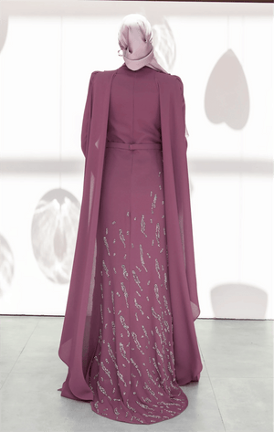 Şallı Degaje Yaka Tesettür Abiye - FioraofDress - tesettur - abiye - 44 - Mürdüm - hijab - evening - dress