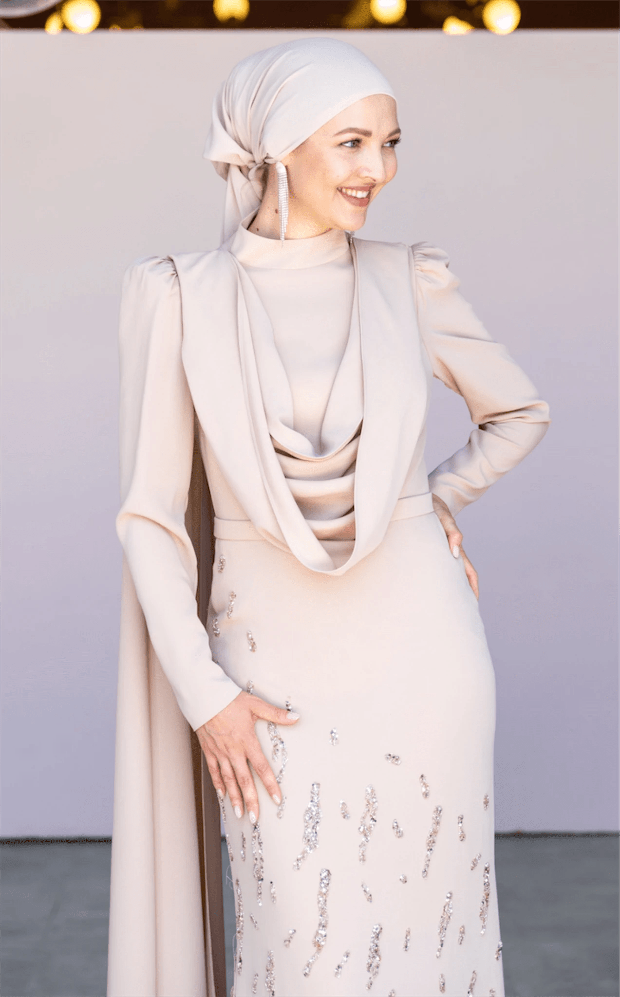 Şallı Degaje Yaka Tesettür Abiye - FioraofDress - tesettur - abiye - 44 - bejj - hijab - evening - dress