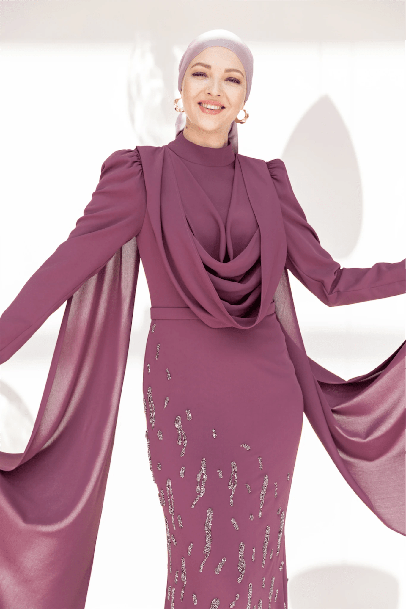 Şallı Degaje Yaka Tesettür Abiye - FioraofDress - tesettur - abiye - 44 - Mürdüm - hijab - evening - dress