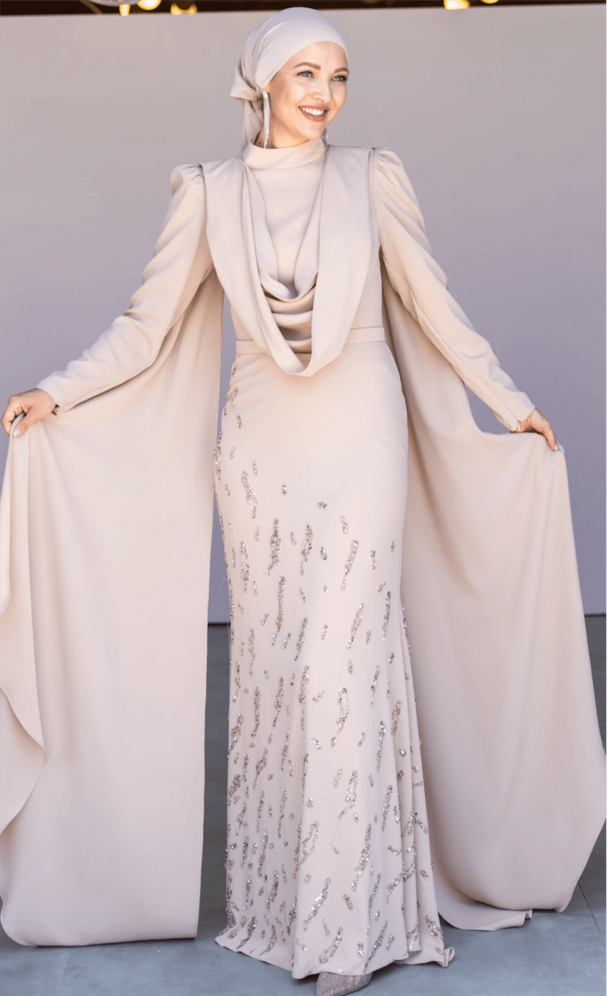 Şallı Degaje Yaka Tesettür Abiye - FioraofDress - tesettur - abiye - 44 - bejj - hijab - evening - dress