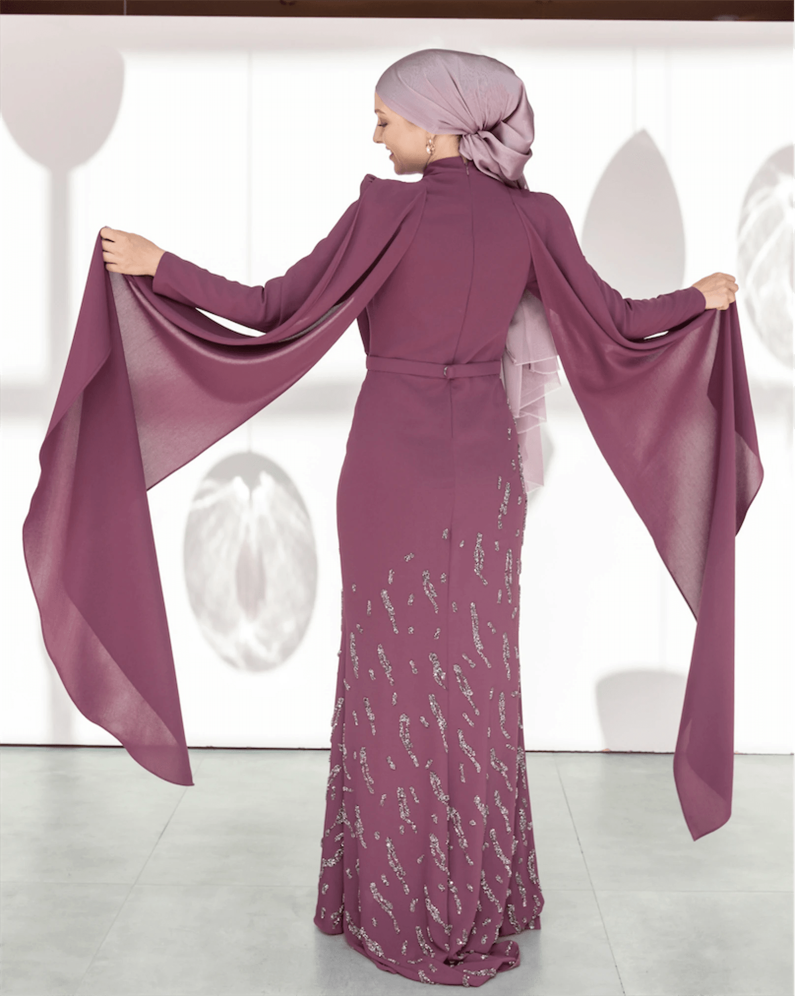 Şallı Degaje Yaka Tesettür Abiye - FioraofDress - tesettur - abiye - 44 - Mürdüm - hijab - evening - dress