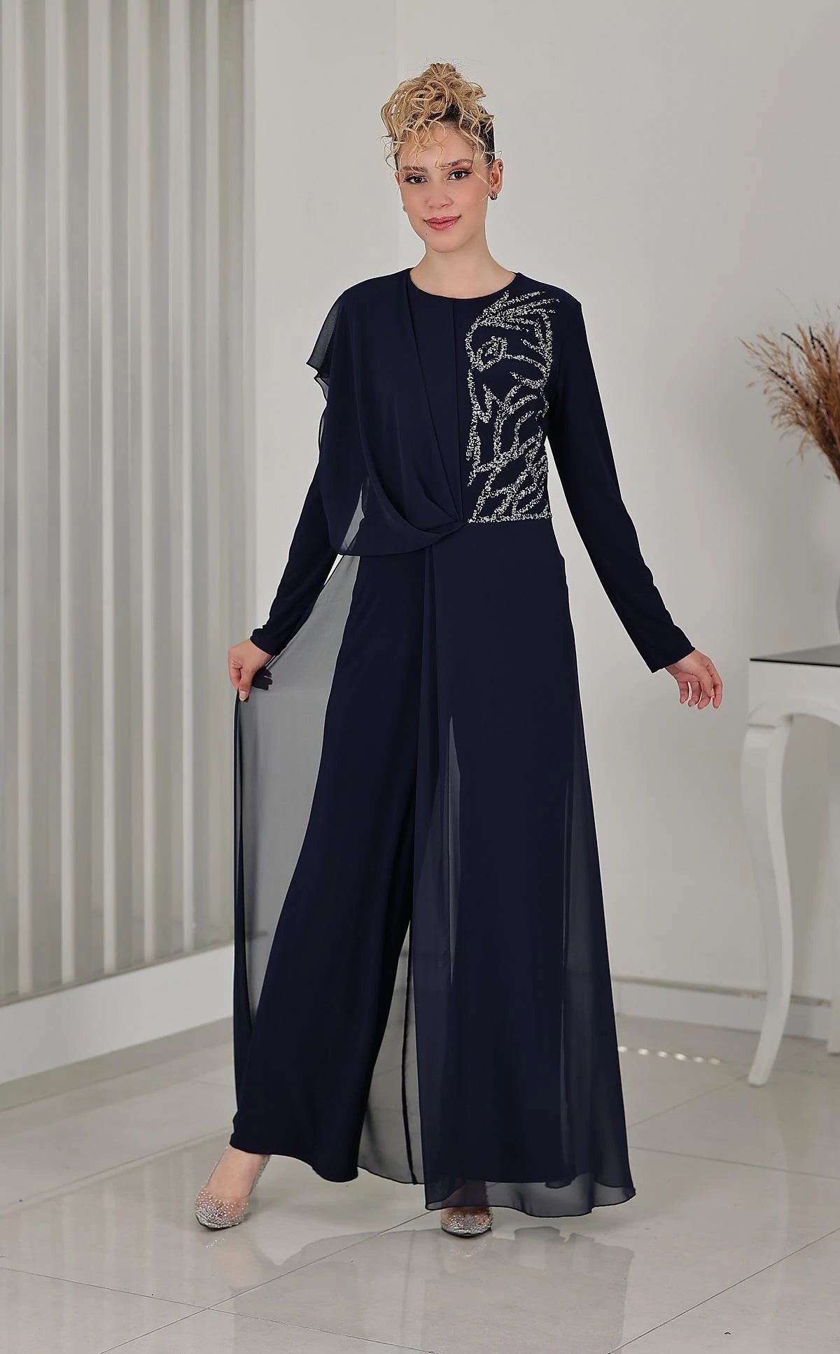 Taş Detay Şifon Zeren Tesettür Tulum Lacivert - FioraofDress - tesettur - abiye - 48 - hijab - evening - dress