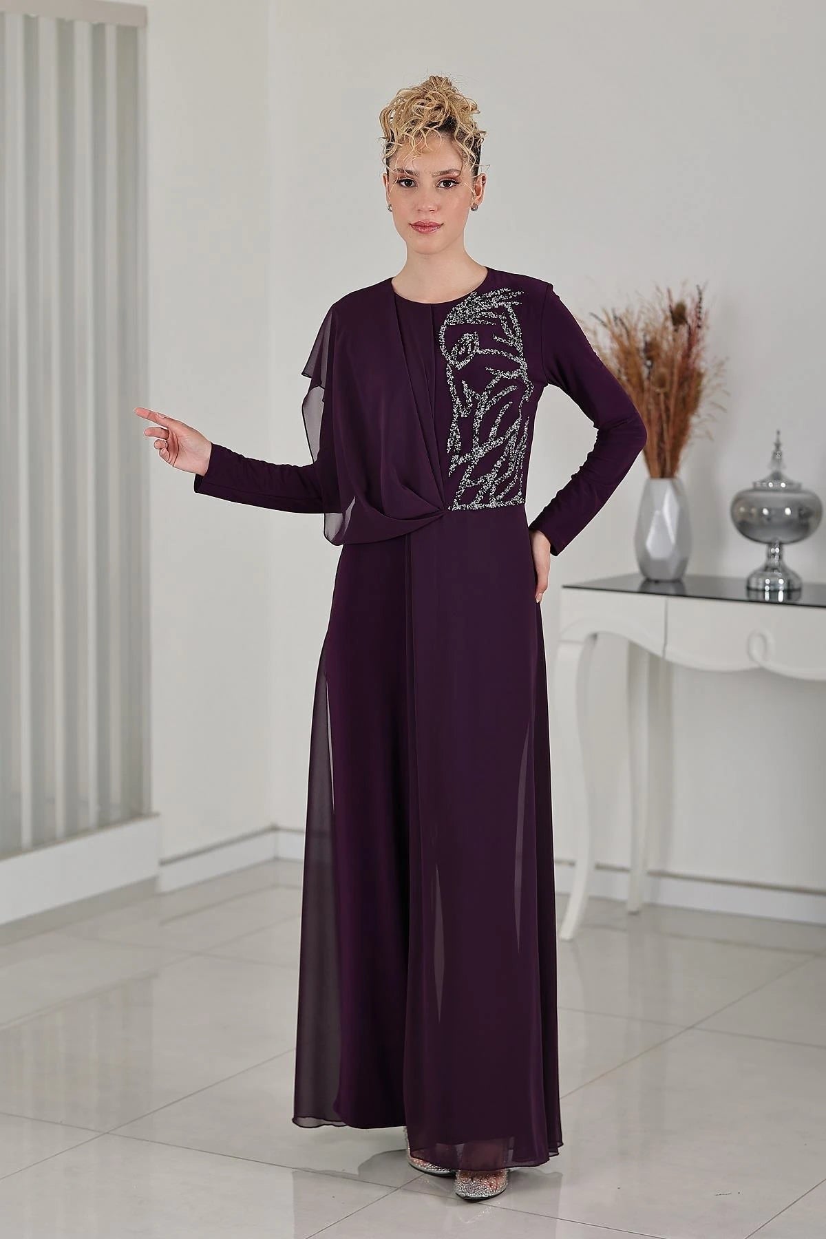 Taş Detay Şifon Zeren Tesettür Tulum Mürdüm - FioraofDress - tesettur - abiye - 48 - hijab - evening - dress